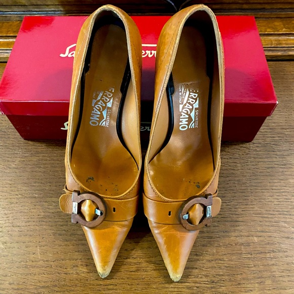 Salvatore Ferragamo Shoes - Salvatore Ferragamo Brown Logo Buckle Pointed Toe Flats 8.5
